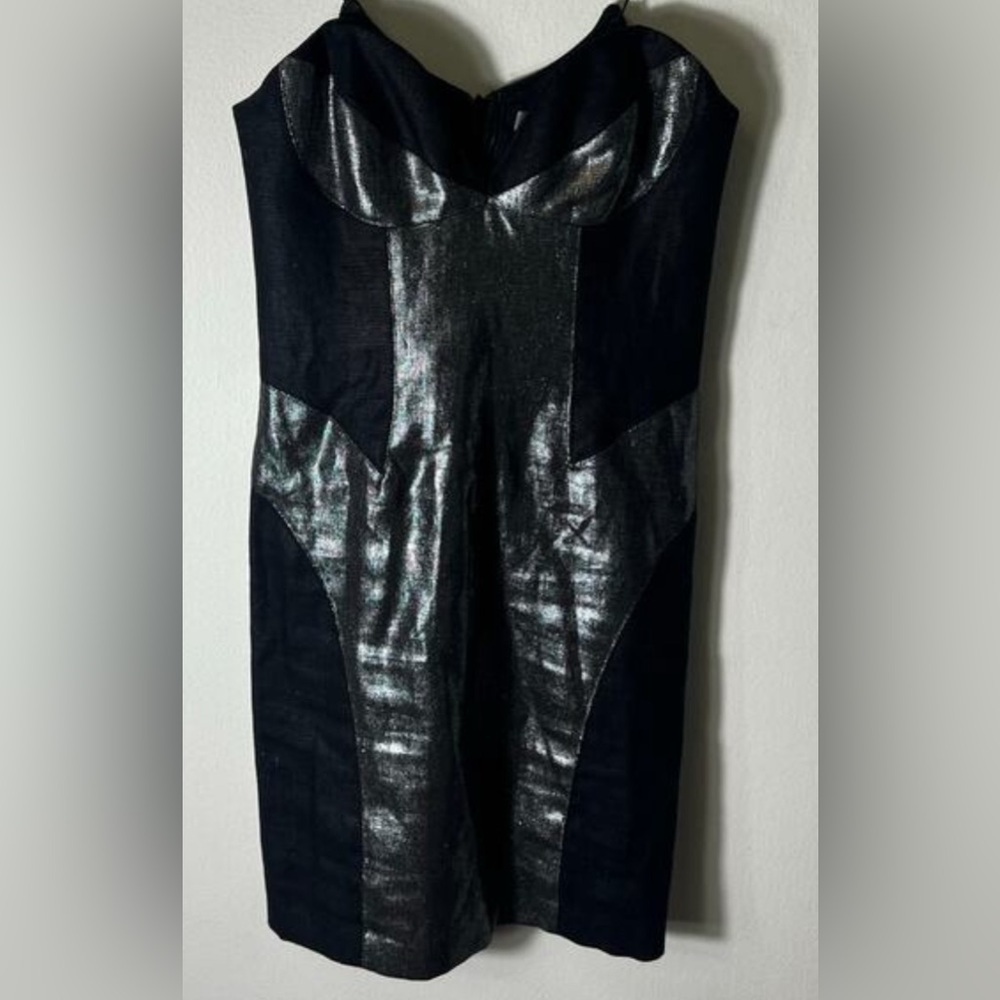 Foley Corinna luxury Black and Silver Strapless Mini Dress Sz XS upscale night